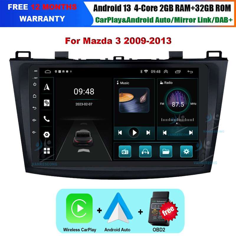 For Mazda 3 2009-2013 CarPlay Head Unit Android 13 Car Radio DAB+WiFi GPS SatNav