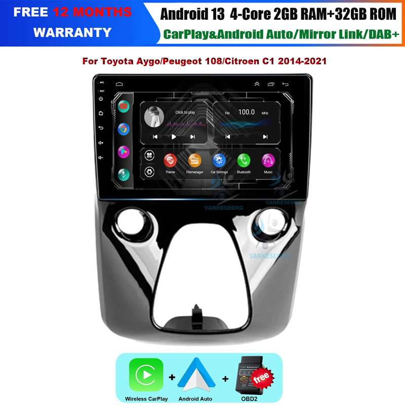 For Peugeot 108 2014-2021 CarPlay Android 13 Car Stereo GPS SatNav DAB Radio+OBD