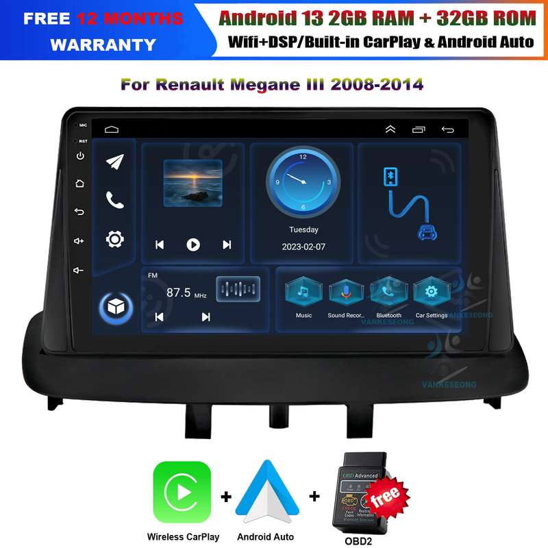 9" Android 13 DAB+CarPlay GPS Radio Head Unit for Renault Megane 3 2008-2014+OBD