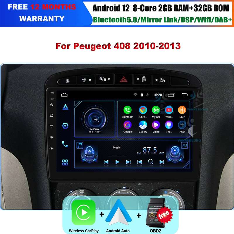 9" Car Radio for Peugeot 408 2010-2013 CarPlay Android 12 Head Unit GPS Sat Nav