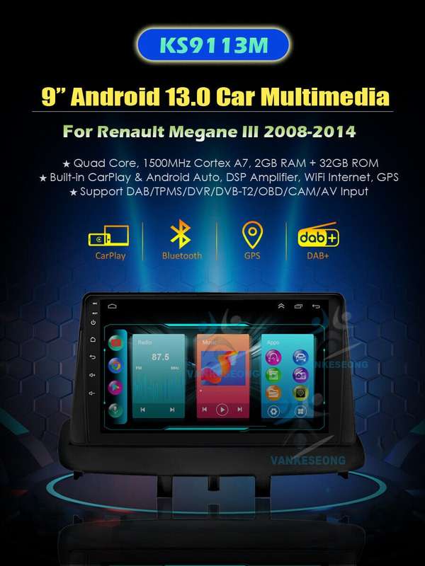 9" Android 13 DAB+CarPlay GPS Radio Head Unit for Renault Megane 3 2008-2014+OBD