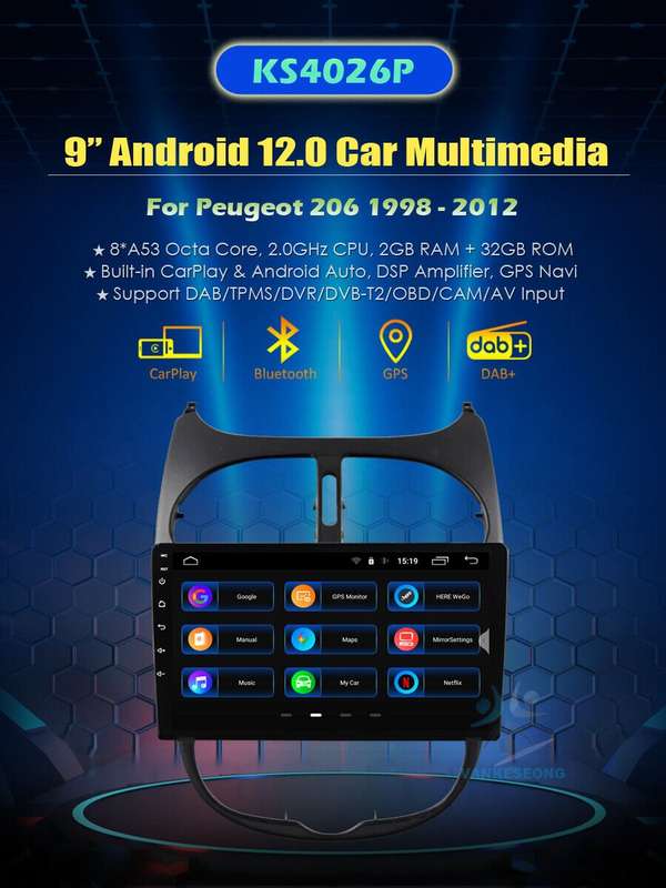 Android 12 Car Radio for Peugeot 206 1998-2012 DAB CarPlay Stereo GPS Multimedia