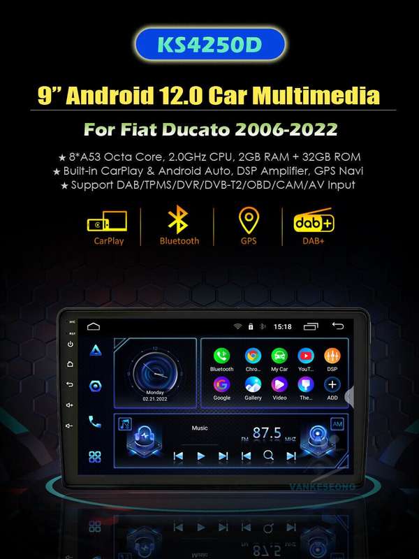 9" Car Multimedia Head Unit For Fiat Ducato Android 12 DAB Radio Wifi Stereo GPS