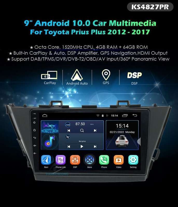 9Android12 CarPlay Radio GPS SatNav for Toyota Prius Plus 2012-2017 WiFi Stereo