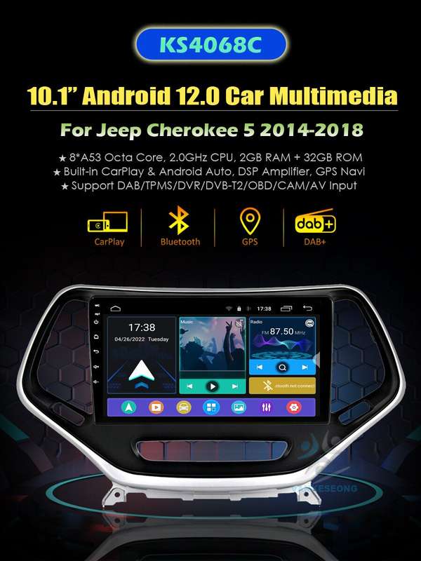 10.1" Android Auto Car Radio for Jeep Cherokee 2014-2017 CarPlay Head Unit GPS