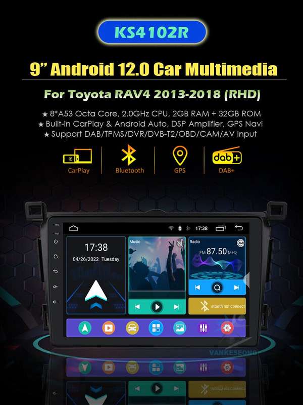 for Toyota RAV4 2013-2018 Touch Screen Car Multimedia Radio GPS Android12 Stereo