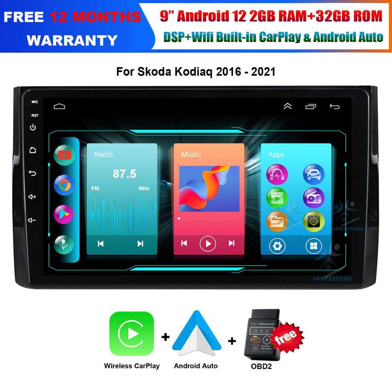 9"For Skoda Kodiaq 2016-2021 Car Stereo Android 12 GPS Sat Nav CarPlay DAB+Radio