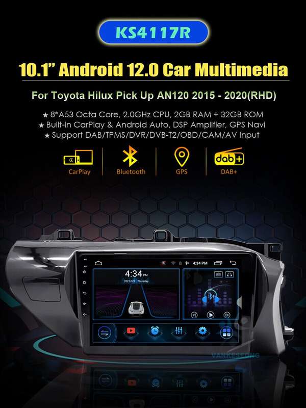 10" Car Radio for Toyota Hilux Pick Up 2015-2020 Android Auto CarPlay Stereo GPS