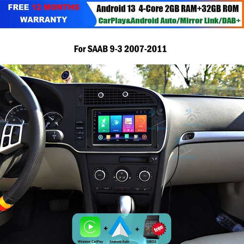 9 CarPlay GPS Sat Nav Android 13 For SAAB 9-3 2007-2011 Car Stereo Radio DAB+BT