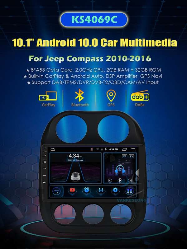 10.1" CarPlay Android Car Stereo FM Radio GPS Sat Nav For Jeep Compass 2010-2016
