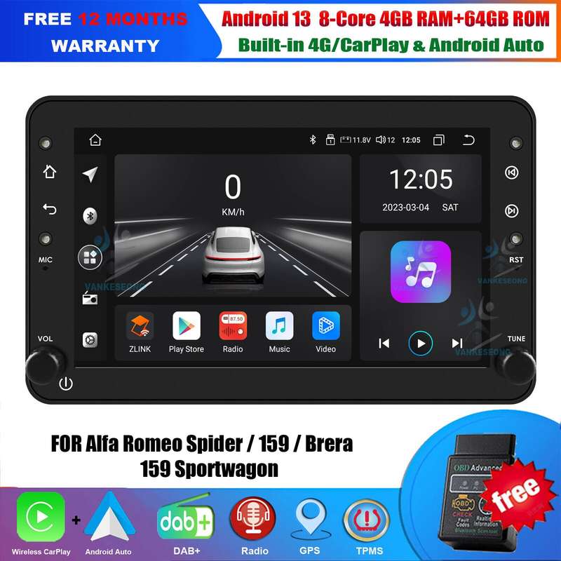 7" Android 13 CarPlay DAB Radio Car Stereo GPS Sat Nav for Alfa Romeo Spider 159