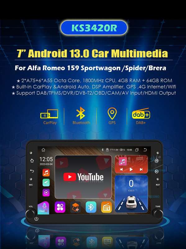 7" Android 13 CarPlay DAB Radio Car Stereo GPS Sat Nav for Alfa Romeo Spider 159