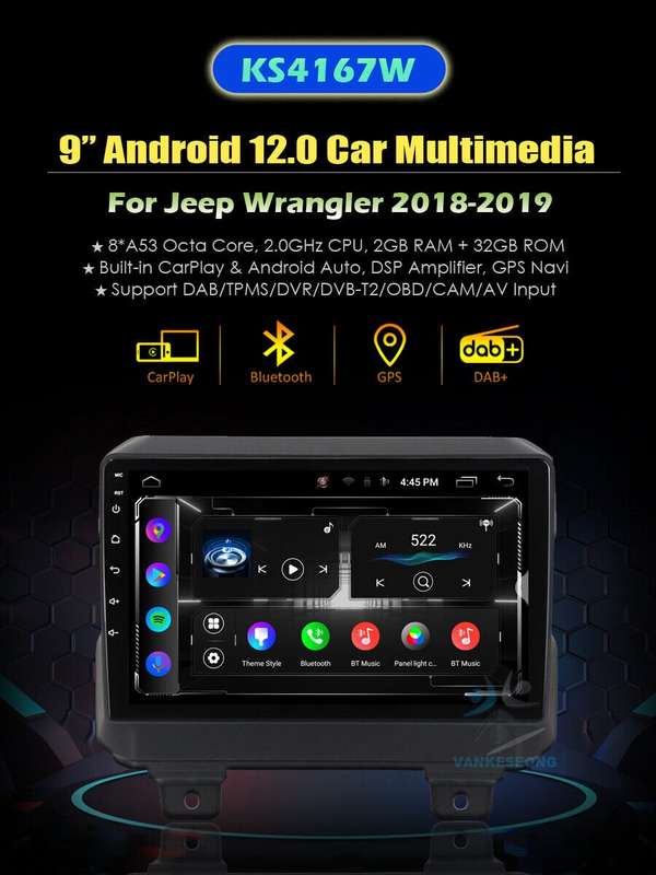for Jeep Wrangler 2018 2019 Android 12 Car Radio Stereo DAB CarPlay GPS Sat Nav