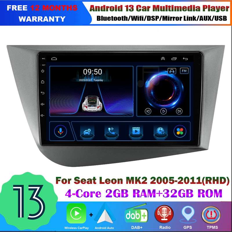 For Seat Leon MK2 2005-2011 Android 13 Car Stereo Radio DAB+ CarPlay GPS Sat Nav