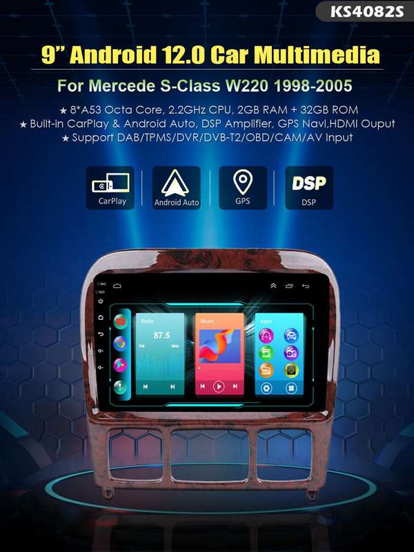 Android 12 CarPlay Car Stereo DAB+ GPS Radio For Mercedes S-Class W220 S500 S280