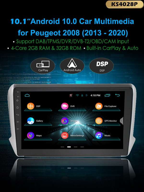 10.1" Android 10 Touch Screen Head Unit GPS Car Radio For Peugeot 2008 2013-2020