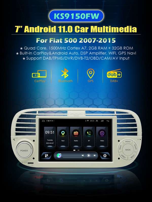 CarPlay Android 11 Head Unit GPS Sat Nav DAB+Radio For Fiat 500 2007-2015 9"WiFi
