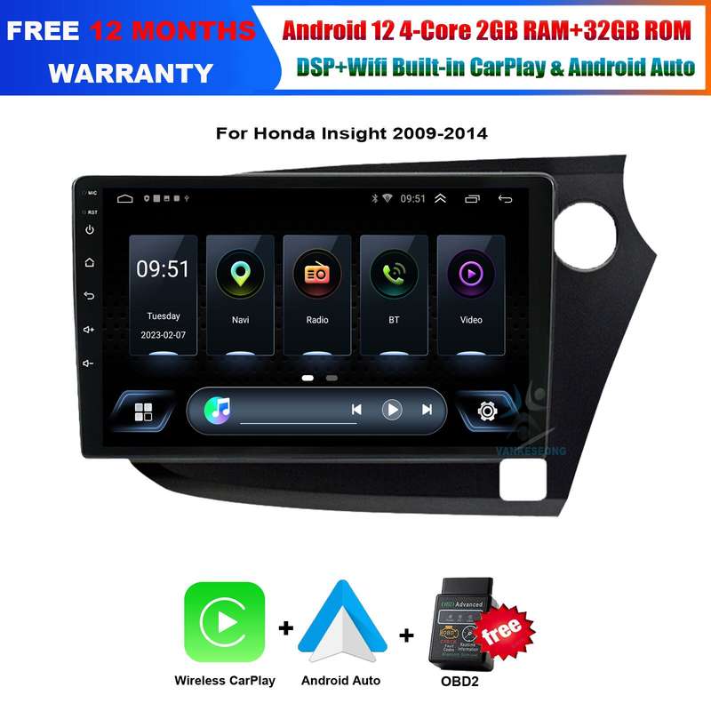 2DIN Car Radio For Honda Insight 2009-2014 CarPlay Android12 Wifi Stereo GPS+obd