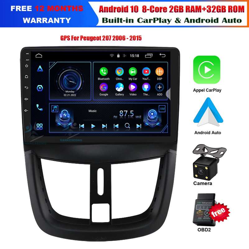 For Peugeot 207 2006-2015 Android Auto Head Unit GPS SatNav DAB Radio Stereo DSP