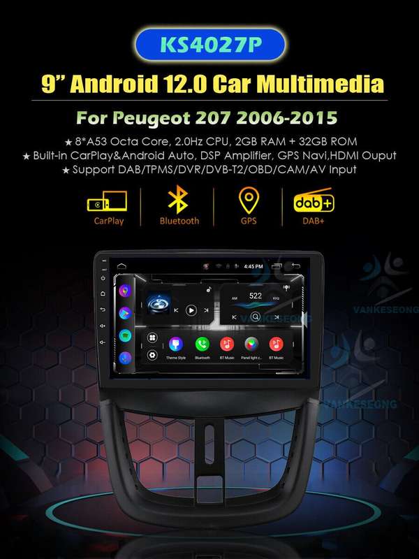 For Peugeot 207 2006-2015 Android Auto Head Unit GPS SatNav DAB Radio Stereo DSP