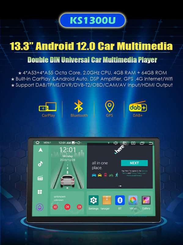 13.3" 64GB Android 12 Doppel DIN CarPlay 4G Bluetooth DAB+ Autoradio GPS Sat Nav