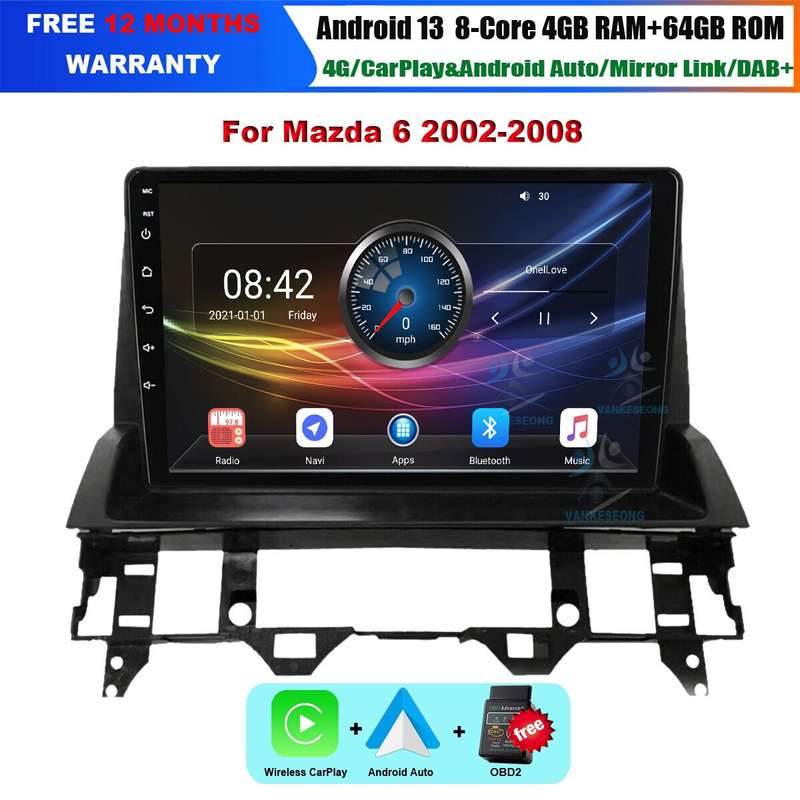 9" 4+64GB BT Android Auto CarPlay For Mazda 6 GG GY 2002-2008 GPS DAB+ Autoradio