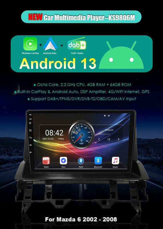 9" 4+64GB BT Android Auto CarPlay For Mazda 6 GG GY 2002-2008 GPS DAB+ Autoradio