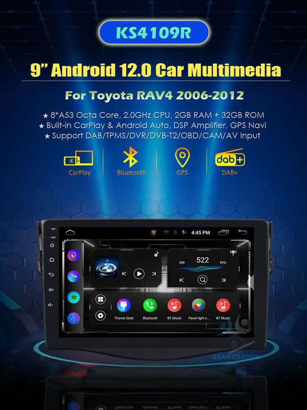 For Toyota RAV4 2006-2012 GPS Navigation Android 12 Autoradio BT DAB+CarPlay DSP