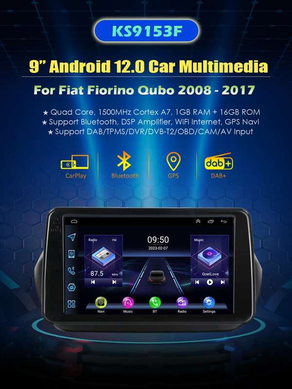 9" 1DIN Car Radio Head Unit DAB+ Wifi Android 12 GPS For Citroen Nemo 2008-2017
