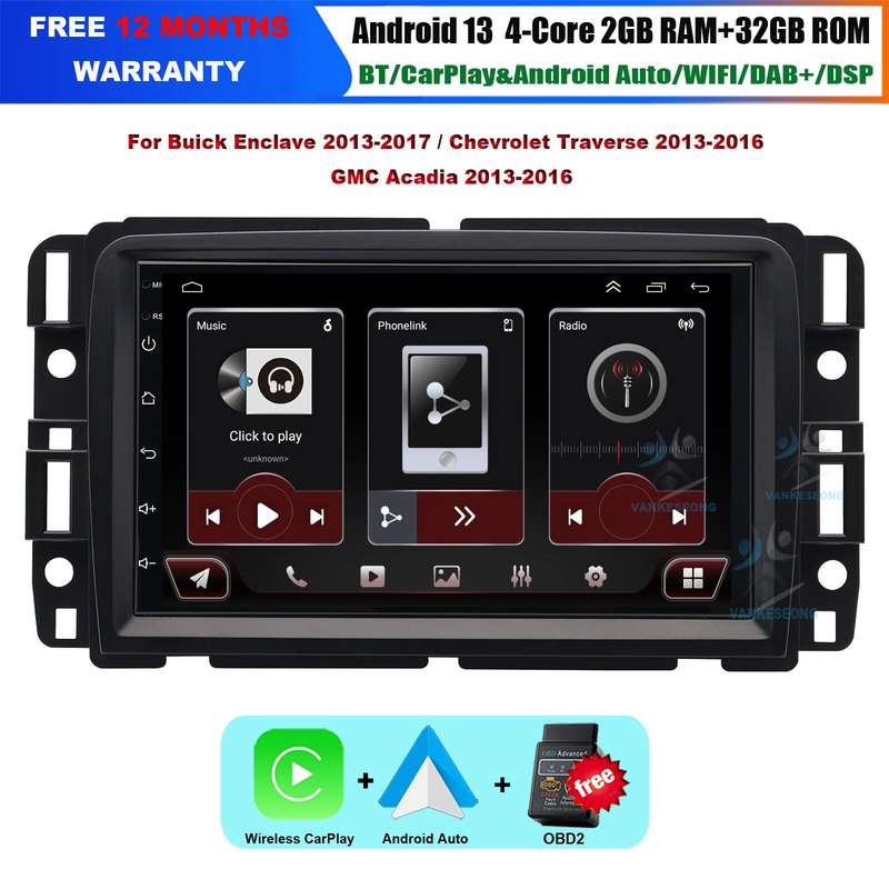 For GMC Acadia 2013-2016 Android 13 Car Stereo GPS Sat Nav DAB+ Radio Head Unit