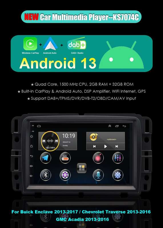 For GMC Acadia 2013-2016 Android 13 Car Stereo GPS Sat Nav DAB+ Radio Head Unit