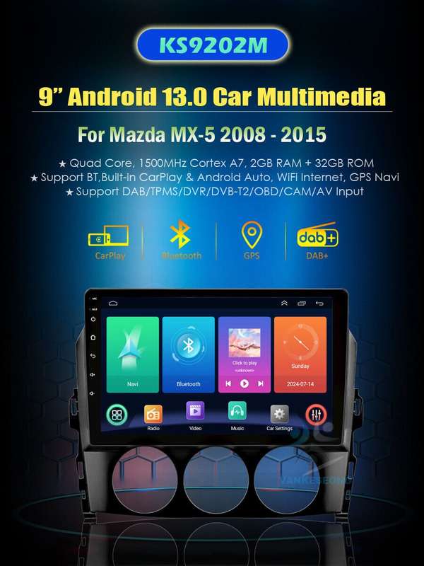 9" Android 13 GPS For Mazda MX-5 2008-2015 CarPlay Autoradio Wifi Sat Nav BT DAB