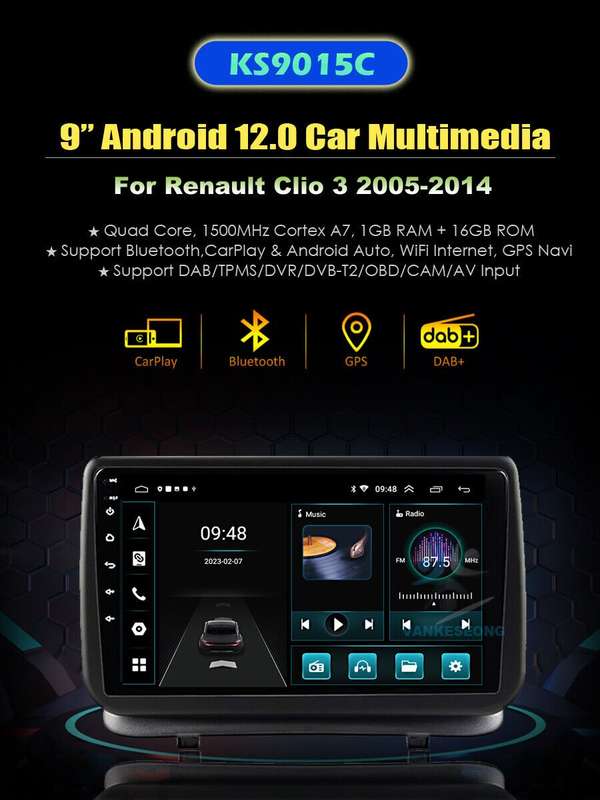 9" Android 12 Car Stereo DAB Radio Head Unit bt GPS For Renault Clio 3 2005-2014