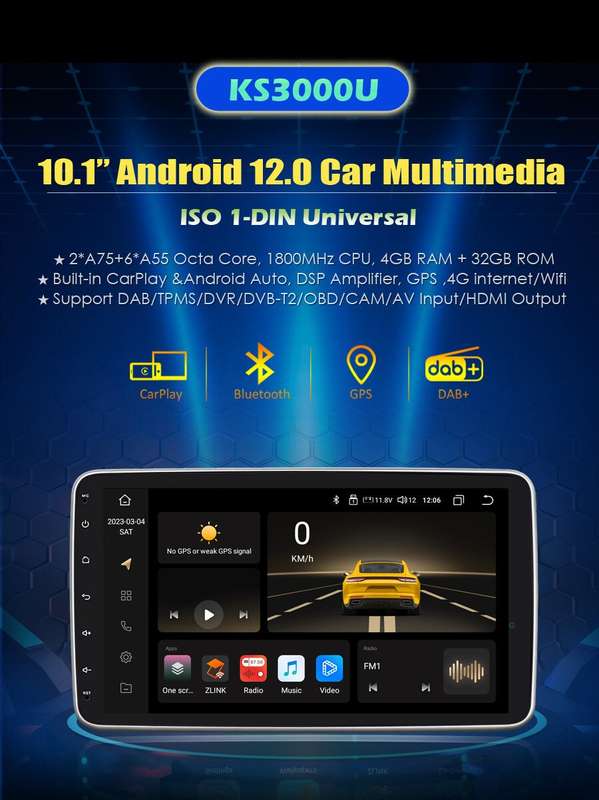 10.1" Single Din Android 12 Detachable DAB Car Radio Head Unit GPS CarPlay 4+32G