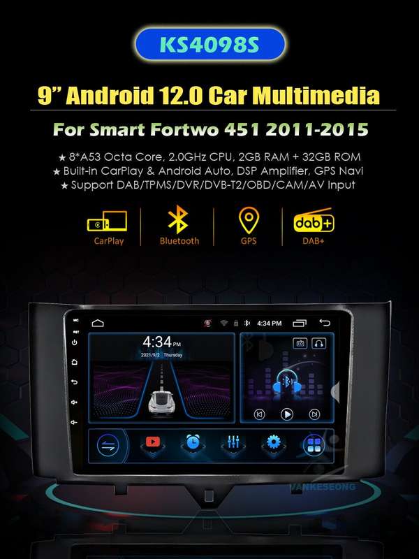 Android Auto Car Radio for Mercedes Smart Fortwo 451 2011-2015 CarPlay Head Unit