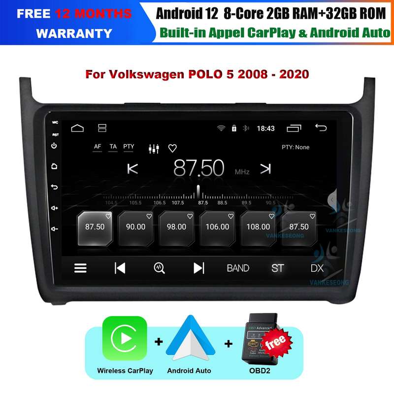 Android Auto For Volkswagen POLO 5 2008-2020 DAB Radio Head Unit CarPlay GPS OBD