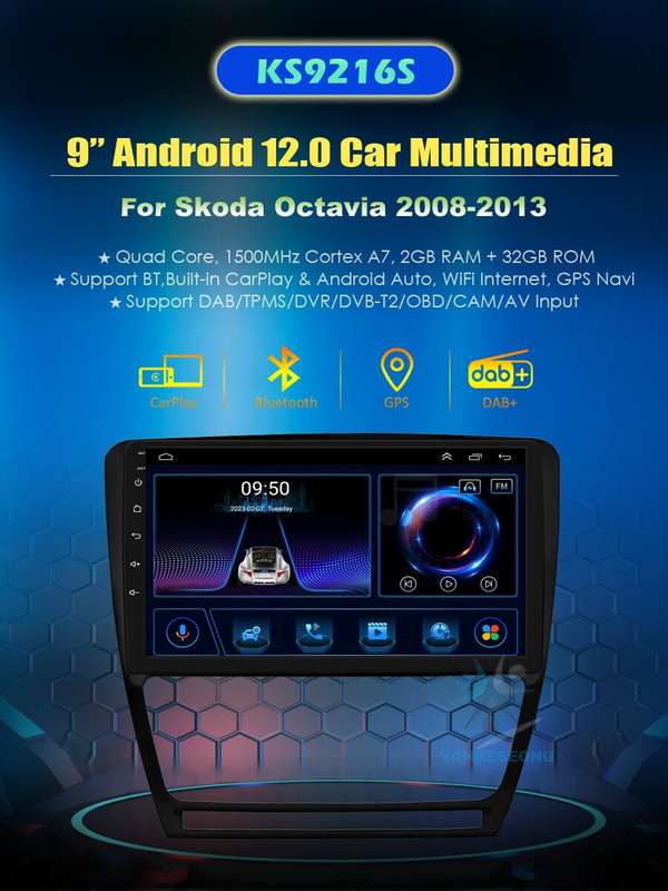 For 2008-2013 Skoda Octavia Car Stereo Head Unit Sat Nav Android12 DAB Radio+DVR