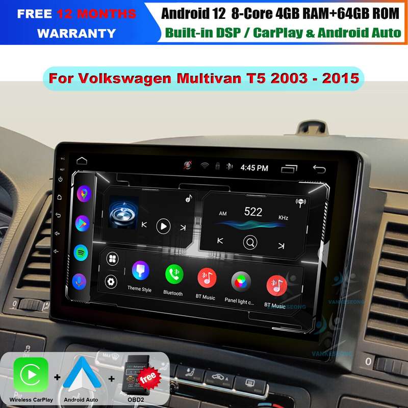 9" 4+64GB Android 12 DAB Autoradio For VW Multivan T5 2003-2015 BT GPS Video+OBD