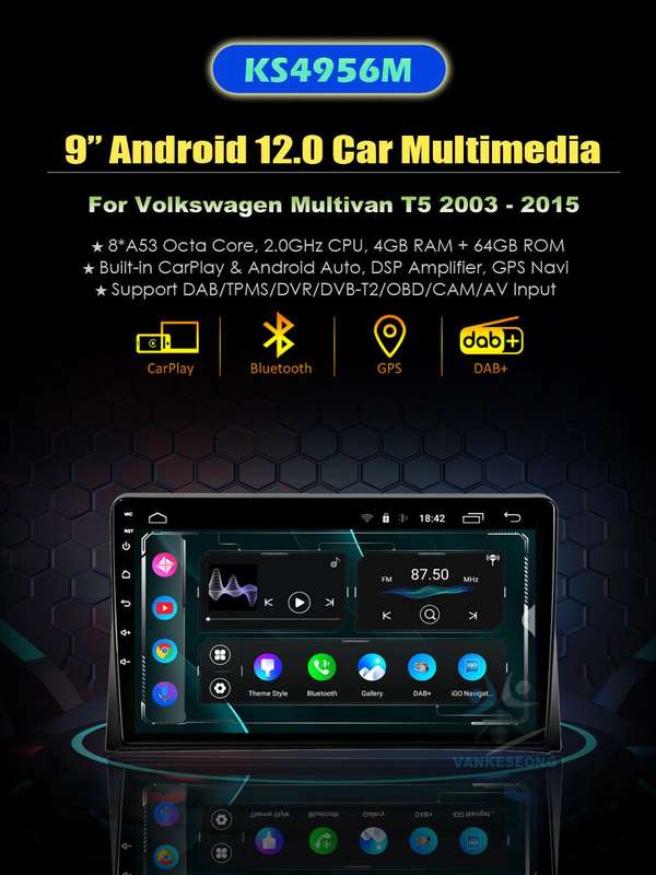 9" 4+64GB Android 12 DAB Autoradio For VW Multivan T5 2003-2015 BT GPS Video+OBD