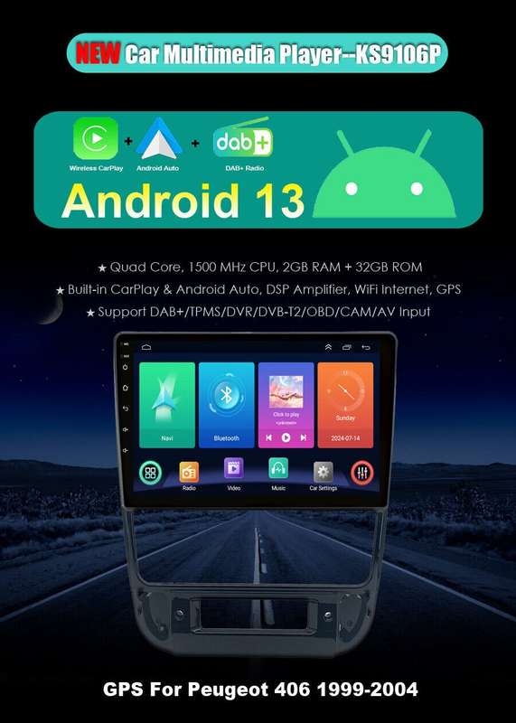 9" GPS Navigation Android Auto CarPlay Autoradio DAB+ For Peugeot 406 1999-2004