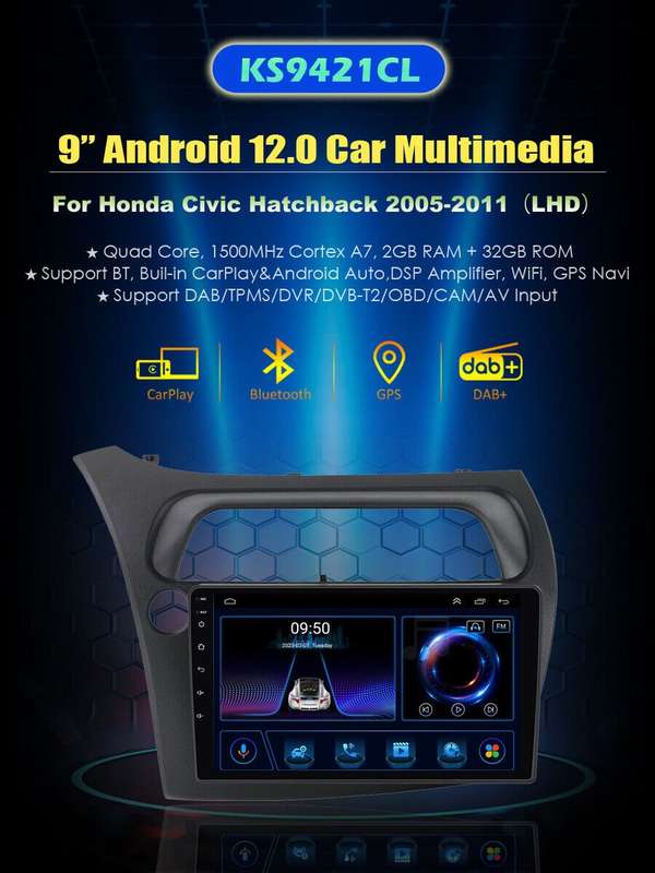 9" Android auto For HONDA CIVIC HATCHBACK 2005-2011 DAB Autoradio Navigation GPS