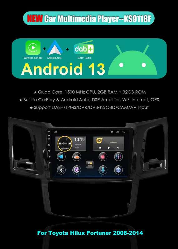 For Toyota Hilux Fortuner 2008-2014 Android 13 CarPlay Head Unit Radio GPS Navi
