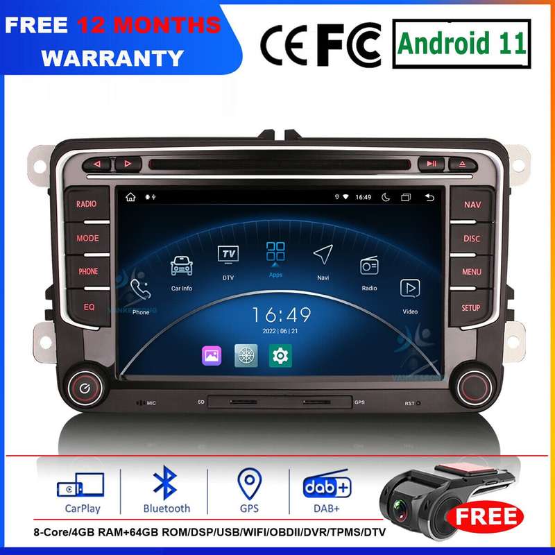 7Android 11 Double DIN Car Radio DVD CD Stereo DAB+GPS SatNav for VW Golf MK5/6