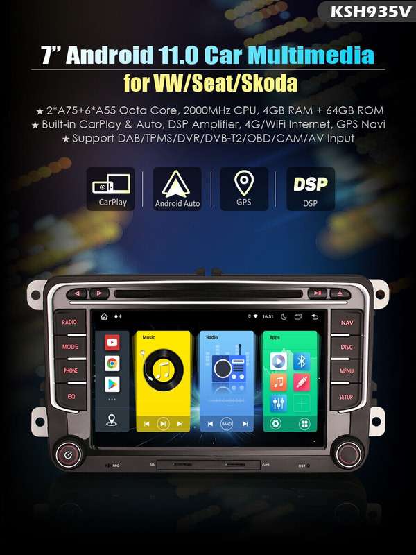 7Android 11 Double DIN Car Radio DVD CD Stereo DAB+GPS SatNav for VW Golf MK5/6