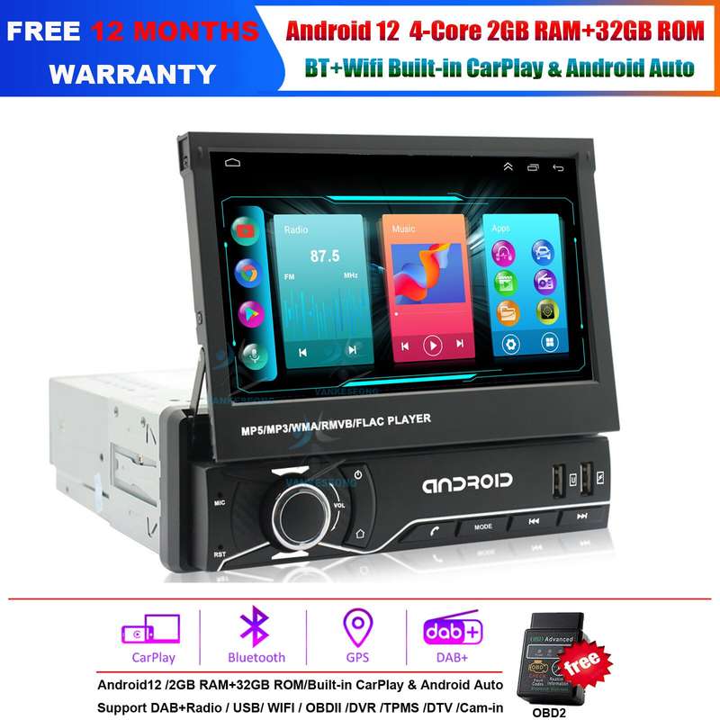 7" Single 1Din Car Stereo Radio Android Carplay Bluetooth Touch Screen GPS Navi