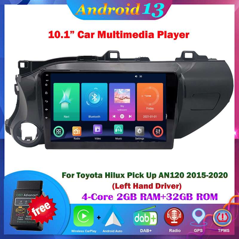 Android13 Autoradio GPS Navigation BT CarPlay For Toyota Hilux Pick Up 2015-2020