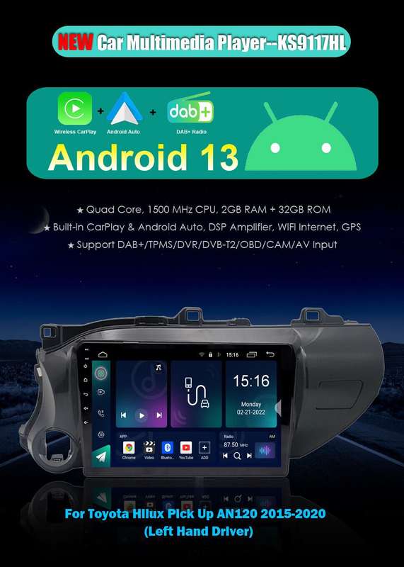 Android13 Autoradio GPS Navigation BT CarPlay For Toyota Hilux Pick Up 2015-2020