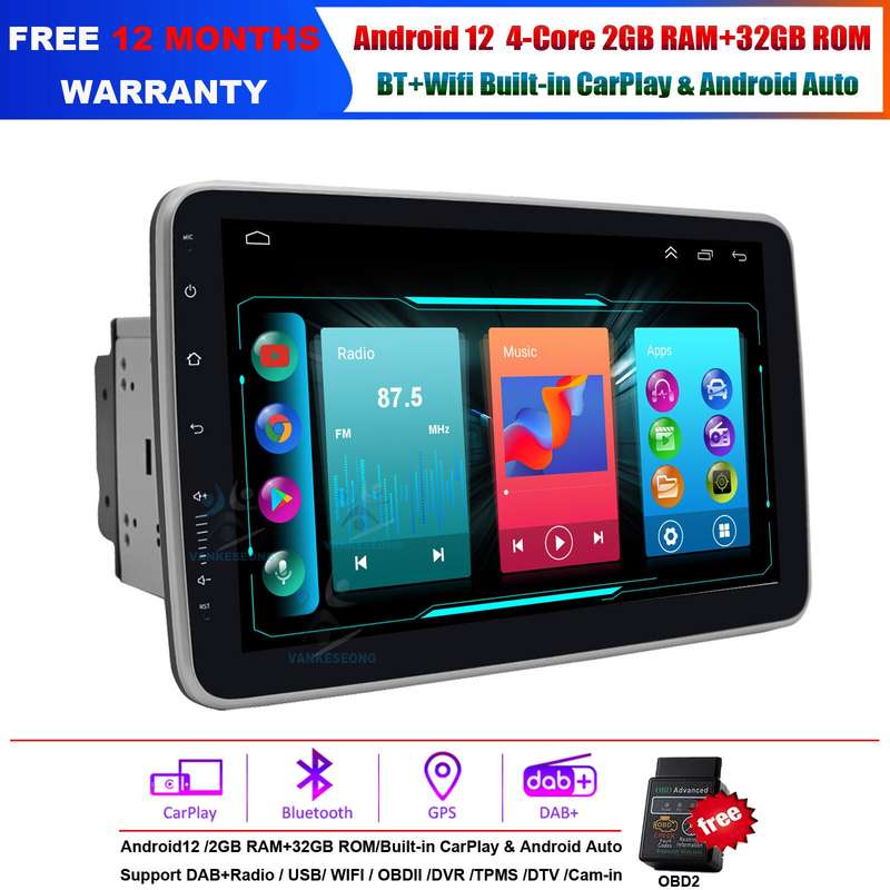 OBD+Double DIN Car Multimedia Android 12 Wifi Stereo 10.1" GPS Radio CarPlay DAB