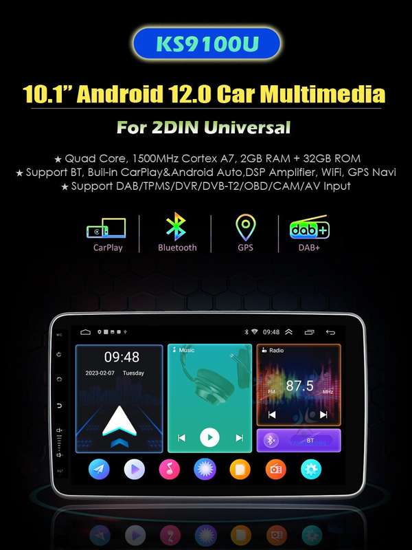 OBD+Double DIN Car Multimedia Android 12 Wifi Stereo 10.1" GPS Radio CarPlay DAB