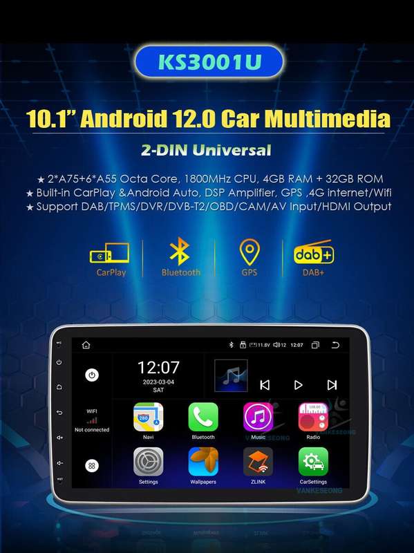 8-Core 10.1 Double DIN 4+32GB Android 12 Car Audio Navigation GPS DAB Radio DSP